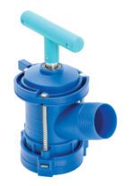 The blue manual rotary drum pump has a turquoise handle, cylindrical body, spout, and metallic fittings for liquid transfer. It works seamlessly with the Vestil Horizontal Drum Tap W/ 2 In Bung Size.