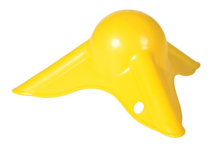 TARP-C_A.jpg The Vestil Tarp Corner Guard, made of vibrant yellow plastic, has a dome center and three triangular wings. Its glossy finish adds charm, and a small circular hole near one wings base boosts functionality.