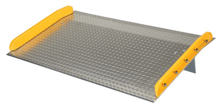 The ramp, with bright yellow side guards and a metal diamond plate surface, resembles the Vestil Aluminum Dock Board Steel Curb 10K 60X36, featuring angled access for vehicles or equipment like models with steel curbs supporting up to 10K.