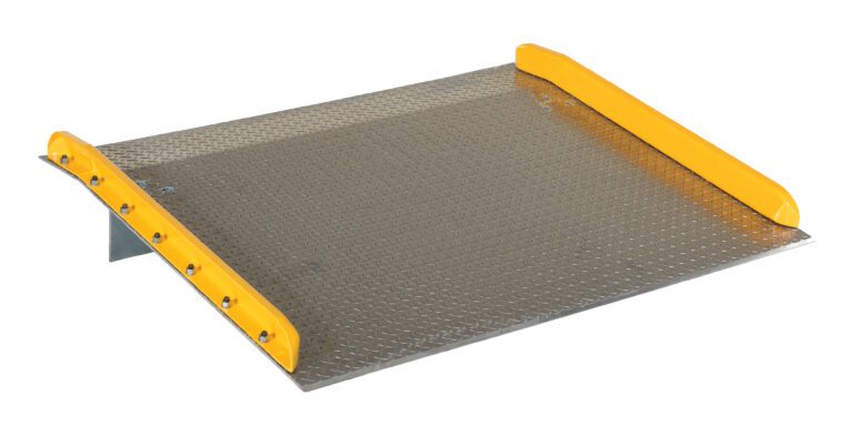 The Vestil Aluminum Dock Board Steel Curb 10K 60X48 has a diamond plate surface and bright yellow edges to bridge dock and vehicle gaps seamlessly. It features durable steel curbs and supports up to 10,000 lbs in its compact 60x48 size.