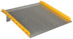 The Vestil Aluminum Dock Board Steel Curb 10K 60X60 offers a durable diamond plate surface with steel curbs, yellow safety edges, and convenient handles for easy transport.