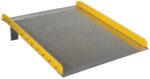 The Vestil Aluminum Dock Board Steel Curb 10K 60X72 is displayed with a textured surface, featuring distinctive raised yellow steel curbs for safety on both sides. It bridges the gap between dock and truck, offering easy loading with its slight incline and robust 10K capacity.