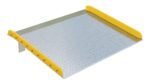 The Vestil Aluminum Dock Board Steel Curb 10K 72X60 features a diamond plate texture, steel curbs, and yellow safety edges. This ramp supports up to 10,000 lbs and is designed for efficient transport between heights.