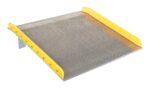 The Vestil Aluminum Dock Board Steel Curb 15K 60X60 features a textured surface and yellow edges for visibility. Its steel curbs effectively bridge gaps between trucks and loading docks, supporting up to 15,000 lbs.