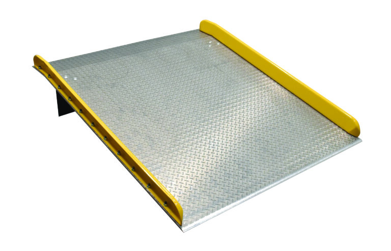 TAS-15-6072_A.jpg A sturdy metal ramp with a textured surface and raised yellow edges mirrors the robust design of the Vestil Aluminum Dock Board Steel Curb 15K 60X72, perfect for loading or accessibility requirements.