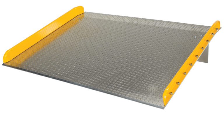 The Vestil Aluminum Dock Board Steel Curb 15K 72X72 features a textured diamond-patterned surface, steel curbs for durability, and high-visibility yellow edge guards. With its 72x72 size and 15K capacity, its ideal for loading and unloading tasks.