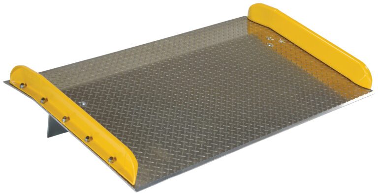 TAS-20-6036_A.jpg The Vestil Aluminum Dock Board Steel Curb 20K 60X36 features a metallic checker plate platform with a diamond textured surface and raised, slightly curved yellow edges on two sides, making it perfect for industrial applications.