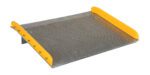 The Vestil Aluminum Dock Board Steel Curb 20K 60X48 boasts a textured surface, steel curbs, and raised yellow edges. It handles up to 20K loads, bridging the gap between a truck and loading dock to enhance safety and efficiency.
