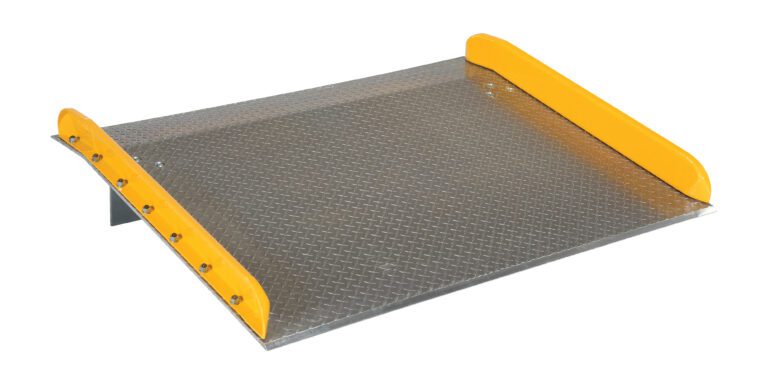 TAS-20-6048_A.jpg The Vestil Aluminum Dock Board Steel Curb 20K 60X48 boasts a textured surface, steel curbs, and raised yellow edges. It handles up to 20K loads, bridging the gap between a truck and loading dock to enhance safety and efficiency.