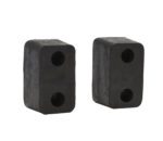 Two black Vestil Trailer/Crane Bumpers with rounded edges and two circular holes each, stand upright against a plain white background, highlighting their sturdy design.