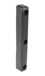 A black rectangular rubber piece with three circular holes, reminiscent of a Vestil Trailer Crane Bumper 2L X 2W X 16H, appears solid and slightly glossy, showcasing its impressive thickness and depth.