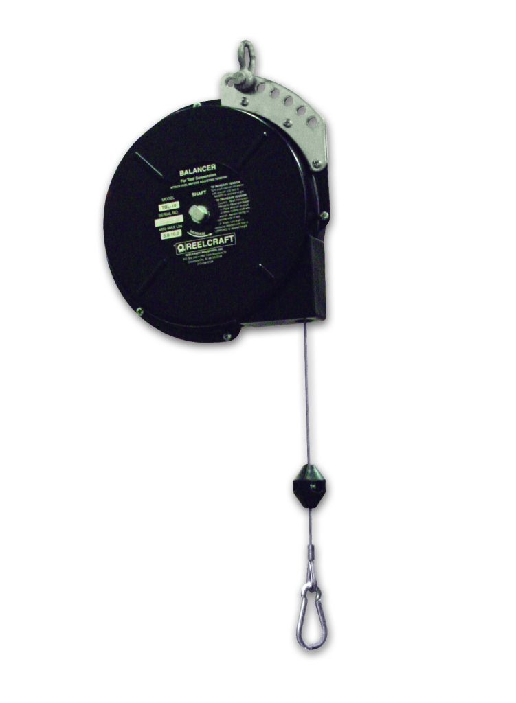 TBR-12_A.jpg The Vestil Tool Balancer 8 to 12 Lb has an industrial spring design, a black reel casing, and a metal hook for easy suspension. Its extending cable has a clip at the end for tools, and it features prominent text and branding on the front.
