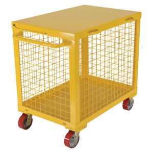 The Vestil Tool Box 24 X 36 Expanded Metal 13 Cu Ft is a yellow metal utility cart with red caster wheels, wire mesh sides, and a flat top surface, offering easy transport and ample space for your items.