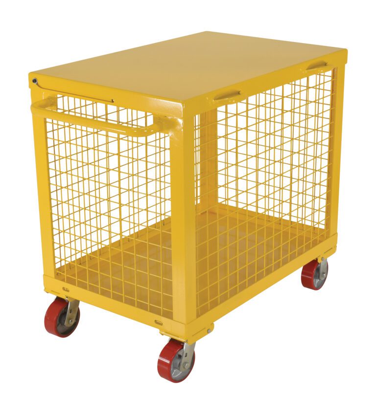 TBS-2436-XM-13_A.jpg The Vestil Tool Box 24 X 36 Expanded Metal 13 Cu Ft is a yellow metal utility cart with red caster wheels, wire mesh sides, and a flat top surface, offering easy transport and ample space for your items.