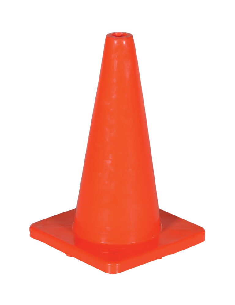 The orange Vestil Standard Duty Traffic Cone, 17-3/4 inches tall, features a square base and stands upright against a white background.