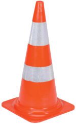 The Vestil Heavy Duty Traffic Cone 27-1/2 In is an orange cone with two reflective white stripes, stably placed on a square base.