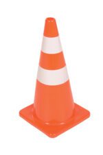 A Vestil Standard Duty Traffic Cone 27-1/2 In with two white reflective stripes is placed on a flat surface.