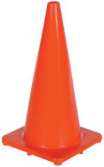 The Vestil Standard Duty Traffic Cone, 27-1/2 inches high with a square base, is bright orange and ideal for road safety and construction. It stands out vividly against a plain white background.