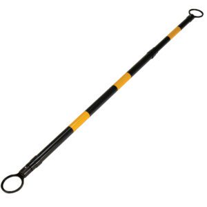 A snake hook with a telescopic design and alternating black and yellow sections, similar to a Vestil Traffic Cone Bar, features looped handles on each end for safely handling snakes.