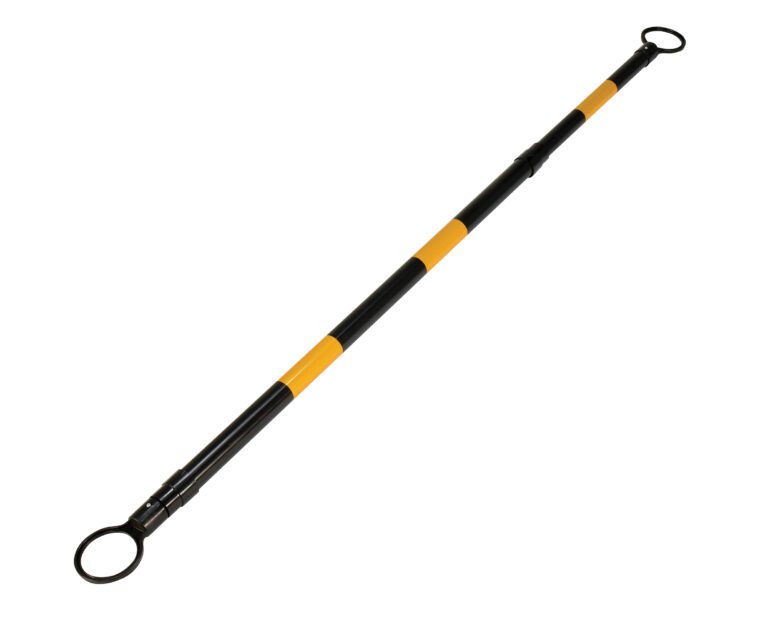 A snake hook with a telescopic design and alternating black and yellow sections, similar to a Vestil Traffic Cone Bar, features looped handles on each end for safely handling snakes.