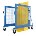 A blue and yellow wheeled cart for moving large glass sheets, similar in durability to the Vestil Univ Ac Trash Can Dumper 400Lb 59.82. It includes a mesh frame, sturdy handles, and locking caster wheels for stability.