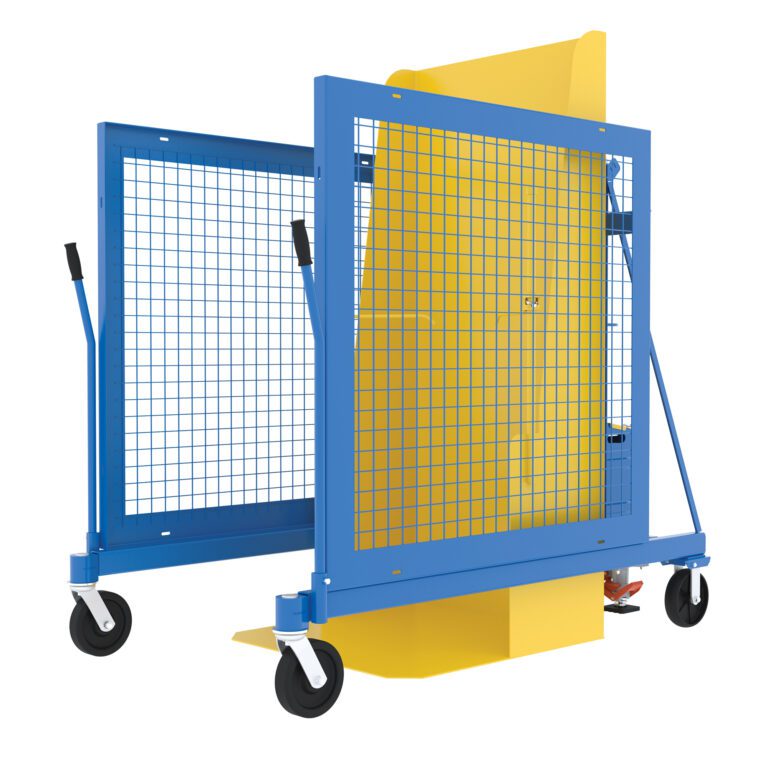 A blue and yellow wheeled cart for moving large glass sheets, similar in durability to the Vestil Univ Ac Trash Can Dumper 400Lb 59.82. It includes a mesh frame, sturdy handles, and locking caster wheels for stability.