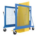 A blue, wheeled metal cart with mesh sides and handles, featuring a yellow divider, designed for transporting goods. It pairs well with the Vestil Univ Ac Trash Can Dumper 400Lb 71.94 for efficient mobility on large black and white wheels.