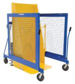 The Vestil Univ DC Trash Can Dumper 400lb 71.94 is a yellow and blue industrial cart with mesh siding, four wheels, two handles, and a hinged side door, perfect for transporting or securing items in an industrial environment.