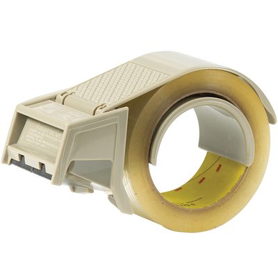 TD3MH122.jpg The beige 3M™ H122 - 2 Hand Held Carton Sealing Tape Dispenser includes a cutting blade and comfortable handle for easy use, with a partially unwound roll of transparent tape on a light surface, ready to efficiently seal your packages.