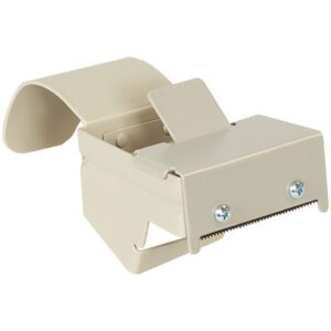 The beige metal clip, resembling the 3M™ H128 - 2 Tape Dispensers robust design, includes a curved back, two front screws, and a serrated edge. Ideal for secure mounting and efficiency.