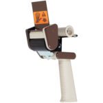 The beige and brown 3M™ H150 dispenser features a safety warning label with a hand caution symbol, a serrated edge for efficient tape cutting, and an ergonomic handle for enhanced comfort.