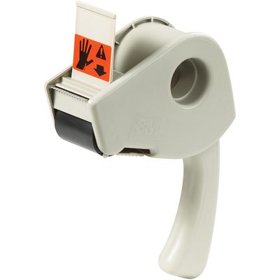 TD3MH190.jpg The 3M™ H190 - 2 Ergonomic Carton Sealing Tape Dispenser, in gray and featuring a caution tape with black and orange hand warning icons, is angled to the right against a plain white background.