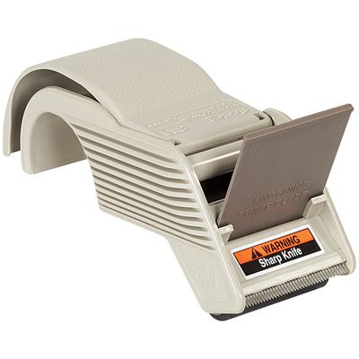 TD3MH192.jpg The 3M™ H192 - 2 Deluxe Carton Sealing Tape Dispenser is a beige plastic tool equipped with a handle and blade, displaying an orange and black Sharp Knife warning, designed for precise cutting tasks.
