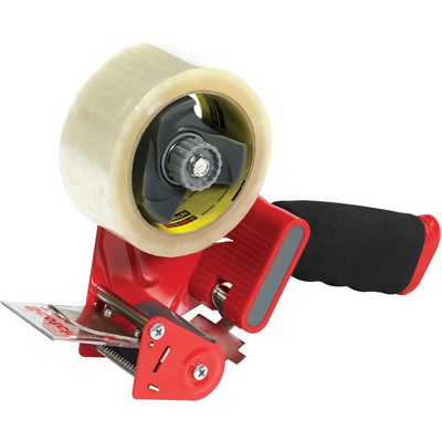 TD3MST181.jpg The 3M™ ST181 - 2 Dispenser is a red and black handheld tool with a cushioned handle for comfort. It comes equipped with a roll of clear packing tape and features a serrated edge for precise cutting, perfect for any sealing task.