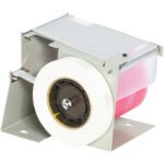 The 3M™ 707 Label Protection Tape Dispenser, featuring a gray industrial design with a sturdy metal frame, holds white adhesive tape and includes a serrated cutting edge. The rolls core and some contents are visible for enhanced efficiency and precision.