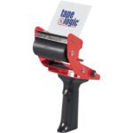 The Tape Logic® 3 Mouse Trap Carton Sealing Tape Dispenser boasts a practical red and black design with an ergonomic black handle, effectively holding a roll of tape. The Tape Logic logo is stylishly printed on the white flap, making it ideal for packaging and sealing boxes.