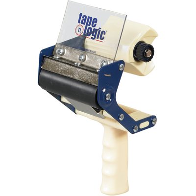 TDHD4.jpg The Tape Logic® 4 Carton Sealing Tape Dispenser in beige and blue includes a visible black roller, serrated blade, transparent shield displaying the brand name, and an ergonomic grip handle for effortless tape application.