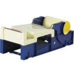 The MH-USA 4 Plastic Label Protection Tape Dispenser features a blue/beige design with a yellow tape roll, sturdy base, and metal cutting edge, making it perfect for dispensing adhesive tape during packaging tasks.