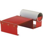 The MH-USA 6 Metal Label Protection Tape Dispenser is a red industrial pipe guard featuring a metal cover, gray cylindrical section, rectangular structure with horizontal platform, vertical supports, and sturdy metal fasteners to protect piping systems.