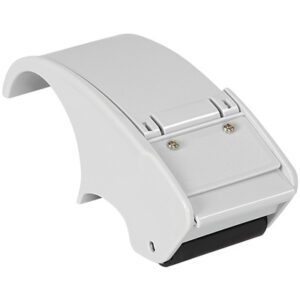 A photo shows the Tape Logic® 2 Economy Strapping Tape Dispenser in grey, featuring an ergonomic curved handle and cutting edge. This handheld tool is highlighted against a plain white background for easy tape application.
