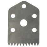 The MH-USA Replacement Tape Cutting Blades for 5/8 Bag Taper (10/Case) feature a trapezoidal shape with sharp, jagged teeth on the bottom edge and five round holes above, showcasing a distinctive metallic texture.