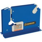 The MH-USA 3/8 Heavy-Duty Bag Taper w/Trimmer, in blue with a Powerseal label, includes a white roller and features a caution-labeled cutting blade area. It’s designed for efficiently sealing packages or bags.