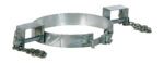 The Vestil Galvanized Tilting Drum Ring 30 Gallon features a metal industrial clamp, circular design, two rectangular brackets linked by chains, and adjustable bolts for efficient securing of pipes or similar objects.