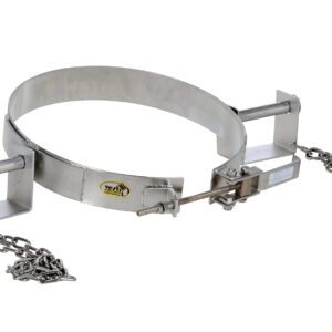 The Vestil Stainless Steel Tilting Drum Ring 30 Gal features a T-bolt closure and chains for secure lifting of cylindrical objects, boasting durability and reliability with visible logo and label for industrial use.