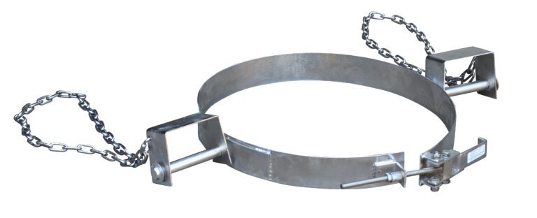 TDR-55-SS_A.jpg The Vestil Stainless Steel Tilting Drum Ring 55 Gal features a circular drum clamp with adjustable chains and locking mechanisms, designed for securing and transporting 55-gallon drums or cylindrical objects, with two chains and clasps for enhanced stability.