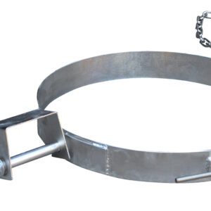 The Vestil Stainless Steel Tilting Drum Ring 55 Gal features a circular drum clamp with adjustable chains and locking mechanisms, designed for securing and transporting 55-gallon drums or cylindrical objects, with two chains and clasps for enhanced stability.