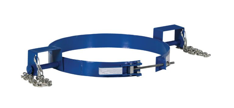 TDR-55_A.jpg The Vestil Blue Tilting Drum Ring 55 Gallon is a versatile tool equipped with two square brackets and chains, perfect for securing and lifting 55-gallon drums. It features a locking pin mechanism ensuring reliable security when handling cylindrical objects.