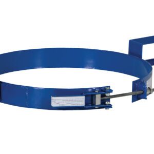 The Vestil Blue Tilting Drum Ring 55 Gallon is a versatile tool equipped with two square brackets and chains, perfect for securing and lifting 55-gallon drums. It features a locking pin mechanism ensuring reliable security when handling cylindrical objects.