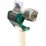 The Tape Logic® 3 Seal Safe® Carton Sealing Tape Dispenser has a cream handle, green metal frame, and silver blade. Ideal for packaging, it holds tape logic branded rolls securely for efficient box sealing.