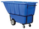 The Vestil Heavy Duty Tilt Truck 1 Cu Yd Blue offers ample space with a deep container, two small front wheels, and two larger rear wheels. Its sturdy black metal frame and handle provide easy maneuverability in any environment.